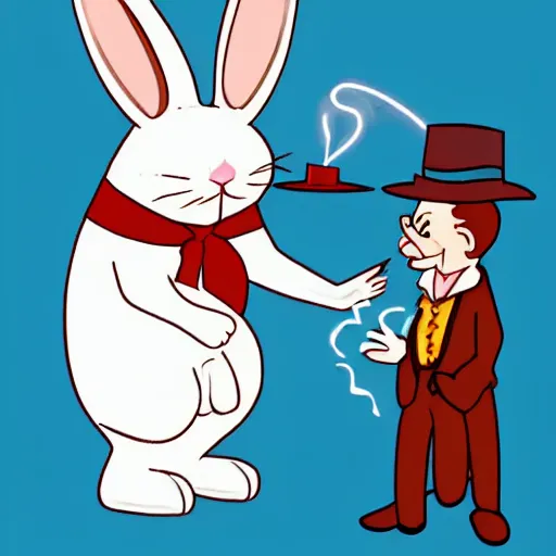 Image similar to anthropomorphic rabbit pulling a magician out of a magic hat