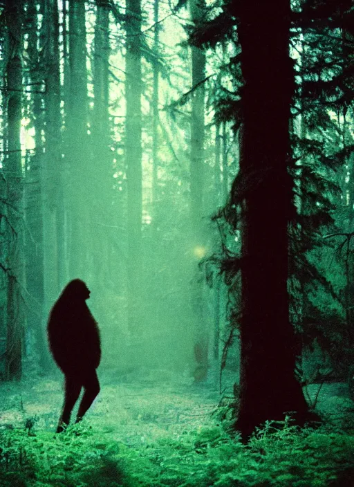 Image similar to a film photograph of bigfoot in the forests of seattle, neo noir style. cinematic. neon trees glow in the background. cinestill 8 0 0 t film. lens flare. helios 4 4 m