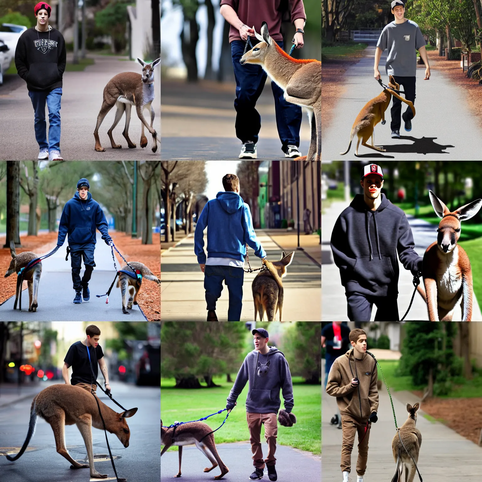 Prompt: Pete Davidson walking a kangaroo, 4k, photorealistic