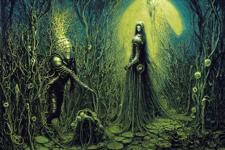 Image similar to knight in enchanted lovecraftian garden by jean delville, luis royo, beksinski, grimshaw