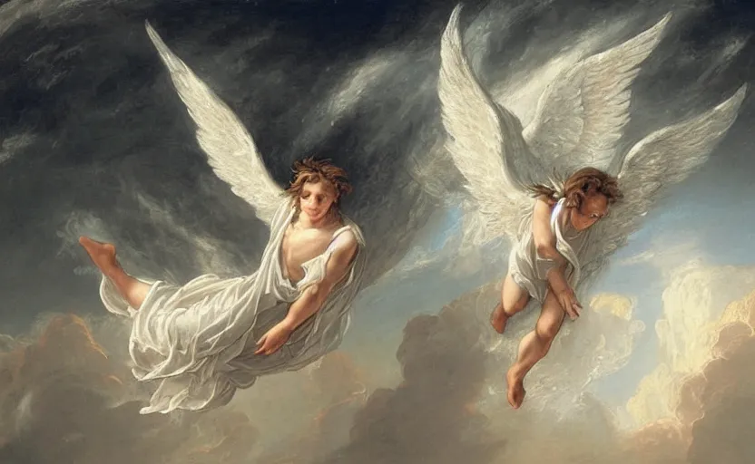 Image similar to a beautiful male angel wearing white angelic clothes flying among heaven with a detailed face painted by thomas cole