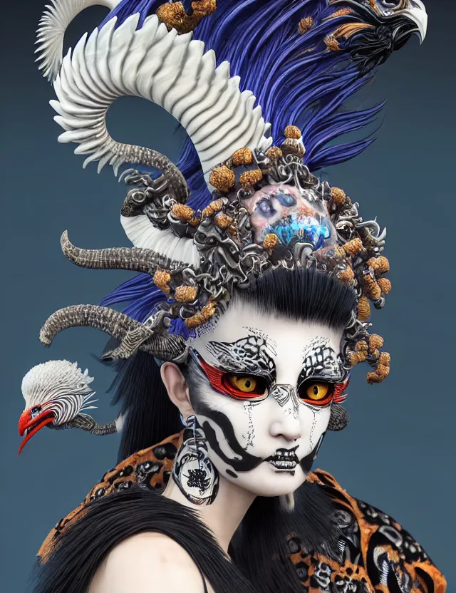 Image similar to 3 d goddess close - up profile portrait punk with mohawk with ram skull. beautiful intricately detailed japanese crow kitsune mask and clasical japanese kimono. betta fish, jellyfish phoenix, bio luminescent, plasma, ice, water, wind, creature, artwork by tooth wu and wlop and beeple and greg rutkowski