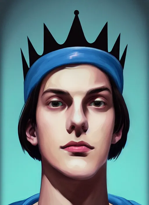 Image similar to portrait of teenage jughead jones wearing a light grey crown, crown, blue turtleneck, 1 9 5 0 s, closed eyes, photorealistic, black hair, glowing lighting, intricate, elegant, glowing lights, highly detailed, digital painting, artstation, concept art, smooth, sharp focus, illustration, art by wlop, mars ravelo and greg rutkowski