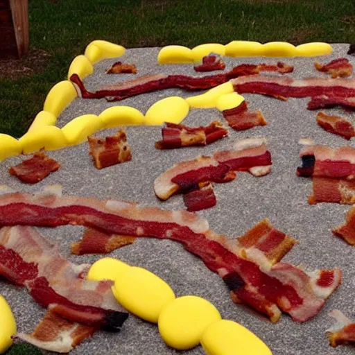 Image similar to a playground made of bacon, egg, and cheese, photorealistic