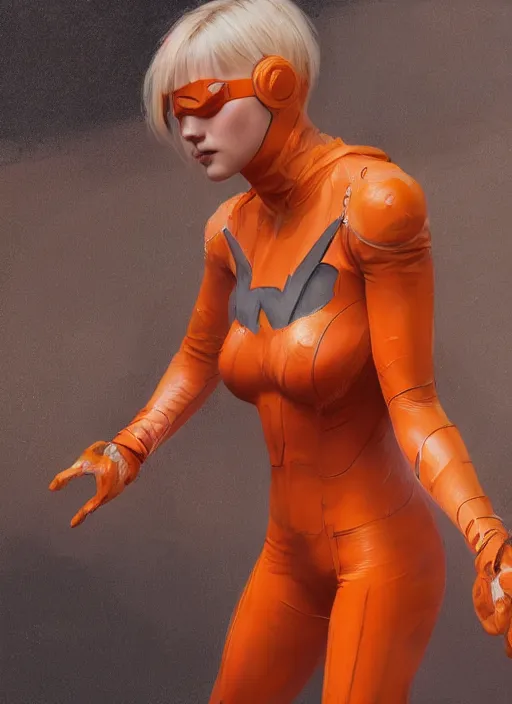 Image similar to teenage blonde girl wearing an orange superhero costume, au naturel, hyper detailed, digital art, trending in artstation, cinematic lighting, studio quality, smooth render, unreal engine 5 rendered, octane rendered, art style by klimt and nixeu and ian sprigger and wlop and krenz cushart