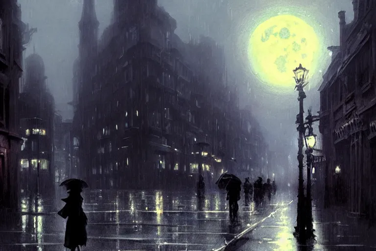 Image similar to a monster silhouette in the sky. a victorian city, scene in a rainy night. full moon, 1 8 9 0, key visual, conceptart, ambient lighting, highly detailed, digital painting, artstation, concept art, sharp focus, by makoto shinkai and akihiko yoshida and greg manchess