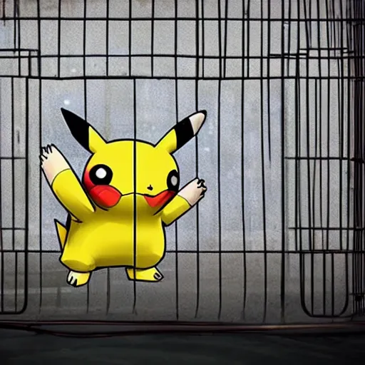 Image similar to stunning awe inspiring pikachu inside a cage with a sad look on its face, movie still 8 k hdr atmospheric lighting