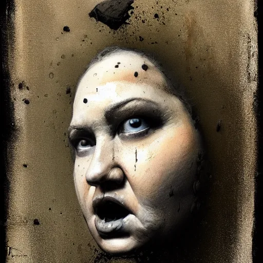 Image similar to portrait of the face of big fat old sumoringer as despair from sandman, venus of willendorf, by jeremy mann, by gregory crewdson, by bastien lecouffe deharme, by russ mills, sad face, topknot, black hair, mourning, black eyes, white room, soft lightning, high detailed, 8 k