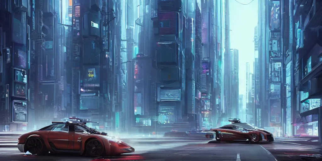 Image similar to a car driving down a street next to tall buildings, cyberpunk art by Vincent Lefevre, cgsociety, retrofuturism, matte painting, reimagined by industrial light and magic