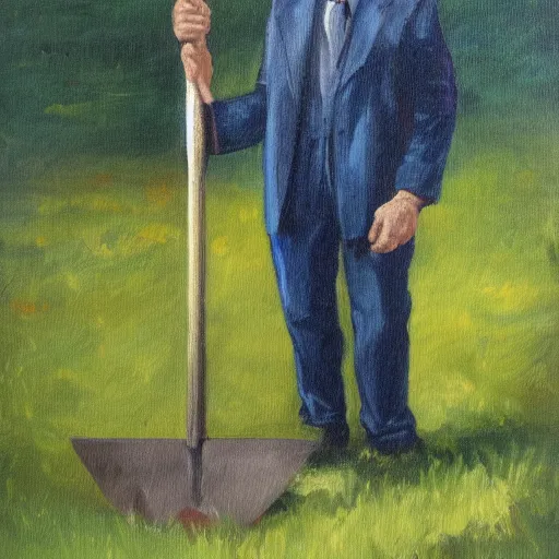 Image similar to A oil painting of a man with a shovel standing next to an open grave, subtle blue, orange, and dark green tones, high quality, high detail,