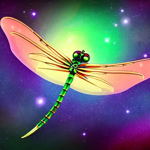 Prompt: a beautiful cosmic dragonfly, high detail, realistic, dreamy, 4K, award-winning, pretty