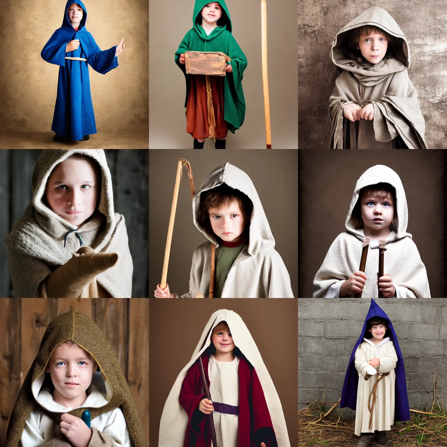 Prompt: single child dressed as shepherd for a nativity play, hooded cloak, shepherd's crook, photo, indoors, mm, iso, trending