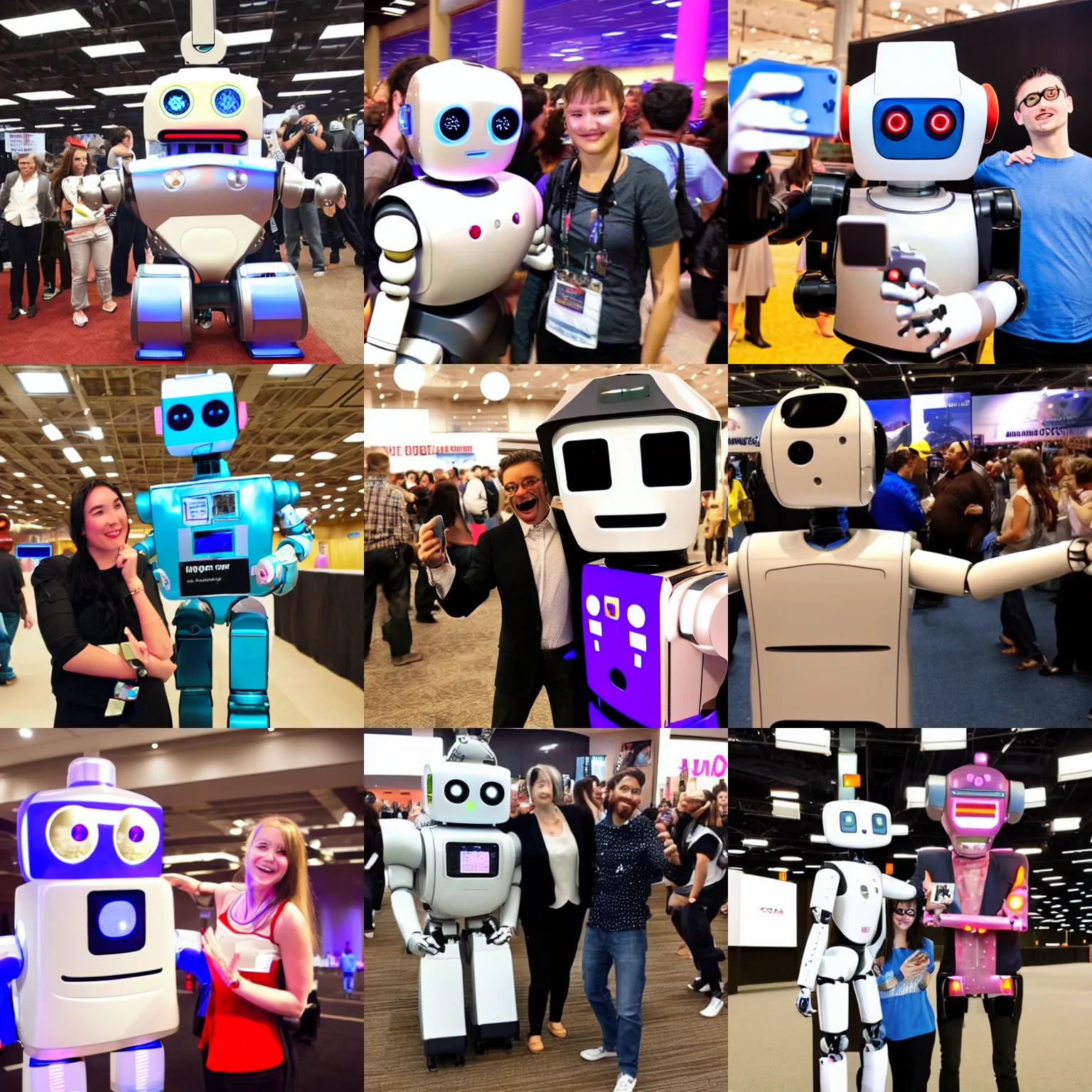 Prompt: <robot attention-grabbing wants=hug expression='give hug now' location='las vegas convention center'>selfie with an absurd insane robot</robot>