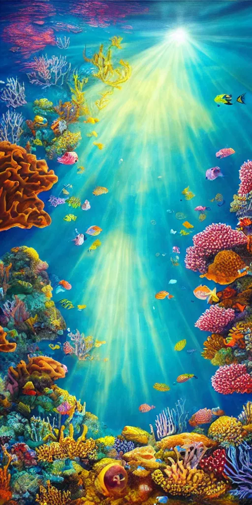 Prompt: underwater coral reef landscape magical realism painting with sun rays coming from above