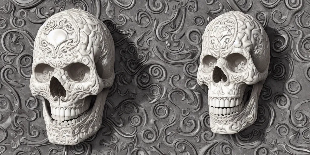 Image similar to curly gothic baroque tiki skull head , intricate ornate marble carving, white background, sculpture, hyper-realistic, micro details, focused, dramatic, sophisticated, soft surface, professional photography, overhead dramatic light, medium-shot, 3d art, artstation, CGsociety, 3d render, environmental key art, octane render, weta digital, 3d sculpture, structure, render in octane, unreal engine, ray trace 4k, cinematic ,dynamic light, amazing details, beautiful ,