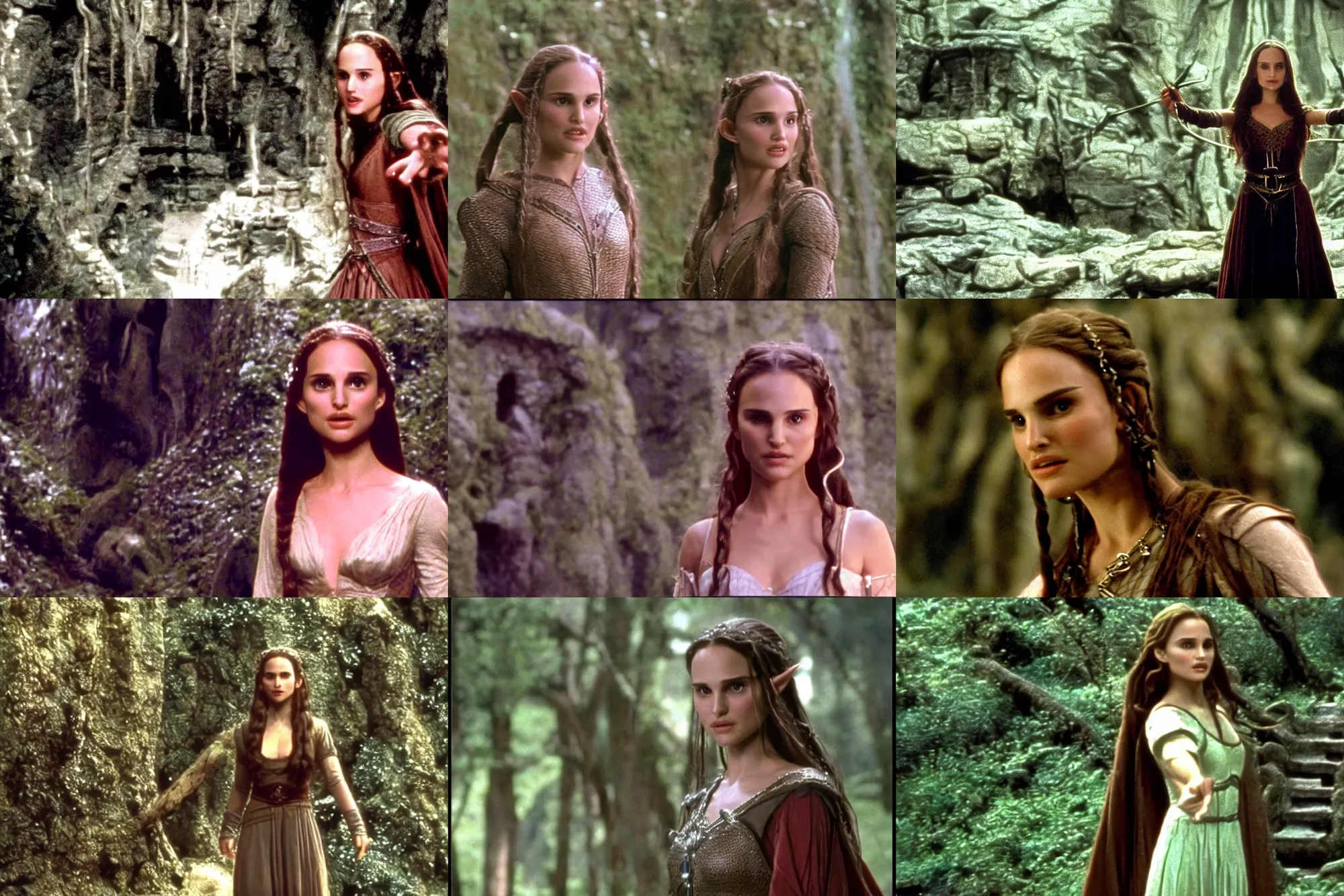 Prompt: vintage 90s video of elf Natalie Portman in the Lord of the Rings, scene where she is in Rivendell