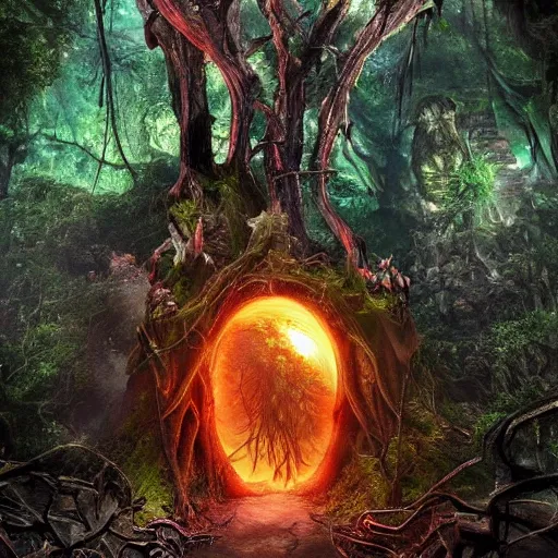 Image similar to horrific portal to hell embedded in a spectacular tree in a densely overgrown jungle, fantasy, dreamlike sunraise, ultra realistic, atmospheric, stopped in time, epic