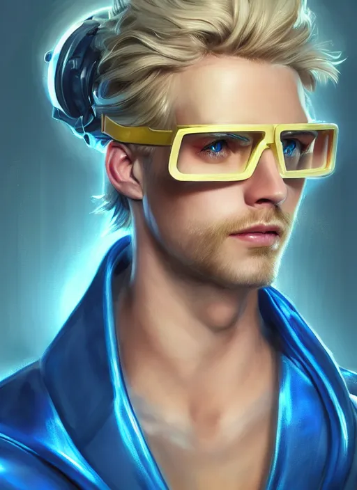 Image similar to a highly detailed illustration of thick wavy bright blonde haired effeminate guy wearing blue robe and goggles and cybermechanical arms, blue eyes, dramatic smiling pose, intricate, elegant, highly detailed, centered, digital painting, artstation, concept art, smooth, sharp focus, league of legends concept art, wlop