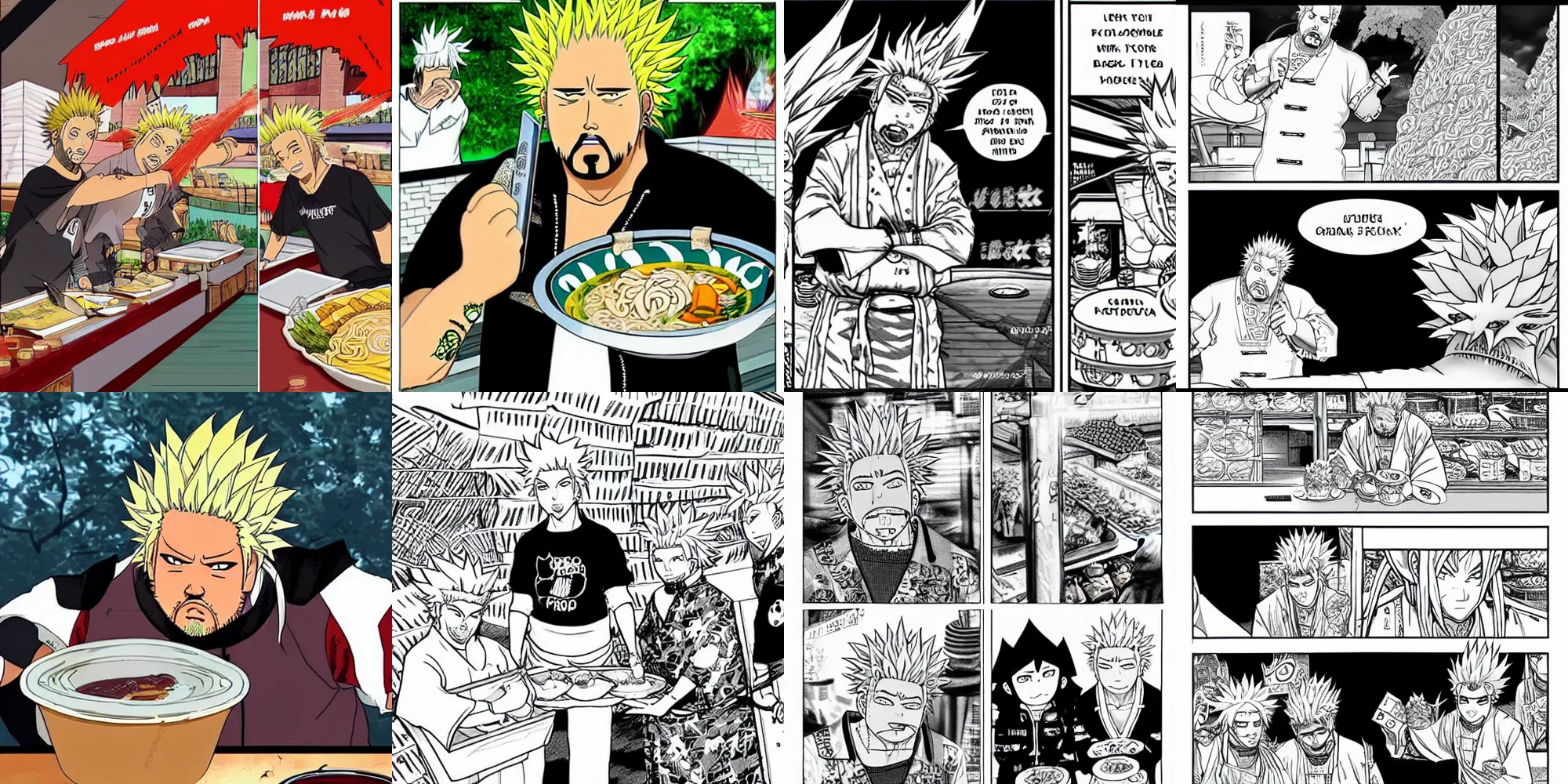 Prompt: Guy Fieri judging a ramen shop at “the village hidden in the leaves” while Naruto gets food poisoning, manga panels 8k black and white comic very detailed