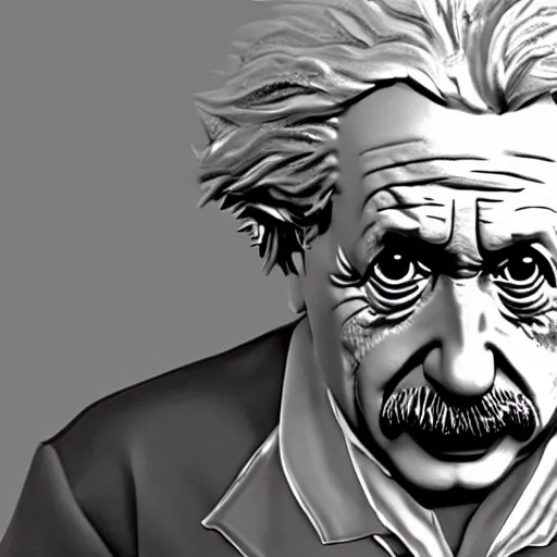 Prompt: Albert Einstein as a Metal Gear Solid Villain 2005 JRPG cinema 4d render, Ray tracing reflection, natural lighting, Unreal Engine award winning photography