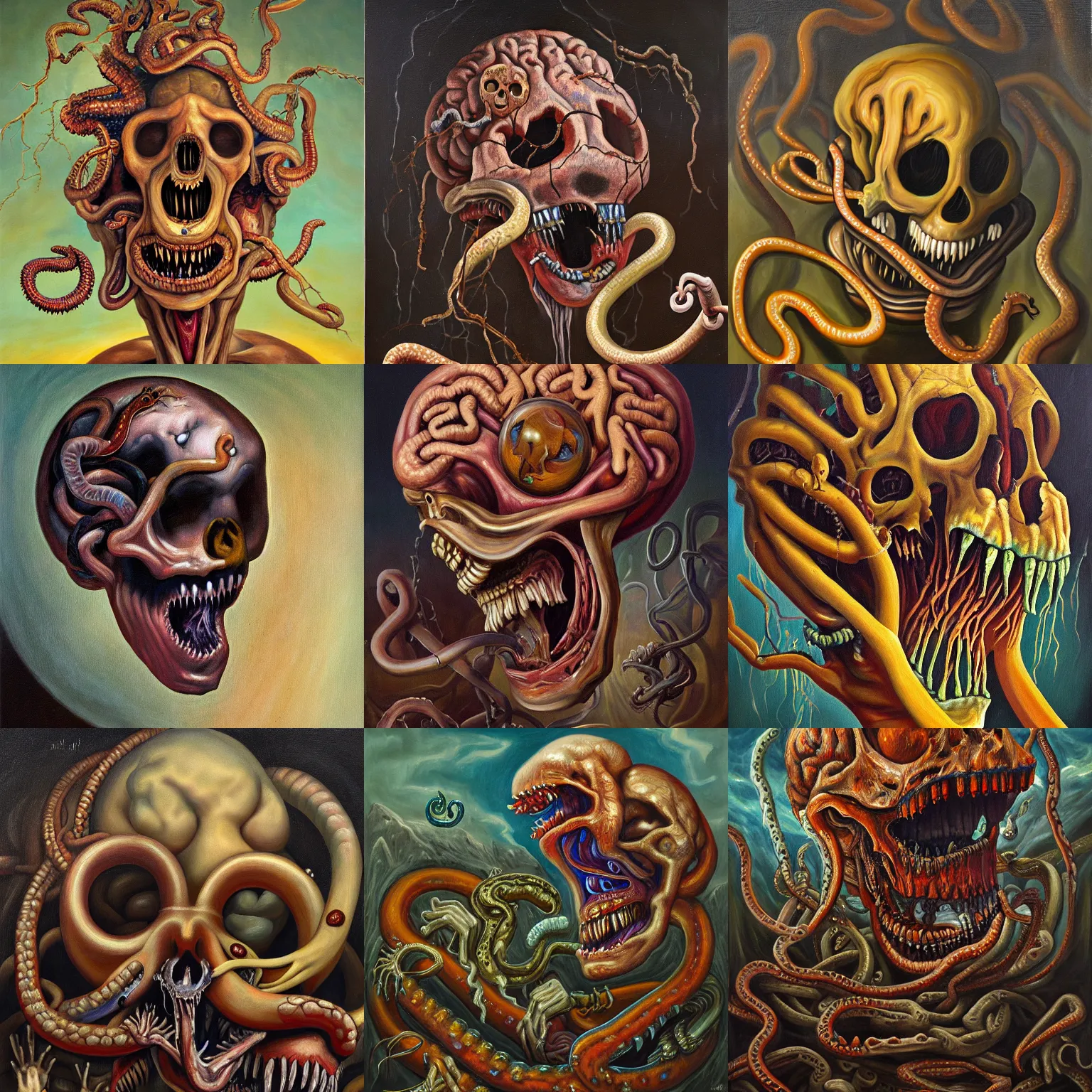 Prompt: an oil on canvas painting of a screaming decapitated man's partially decomposing with empty eye sockets and many biting serpents swarming out of his exposed brain, a surrealist painting, polycount, surrealism, surrealist, lovecraftian, cosmic horror, high detail