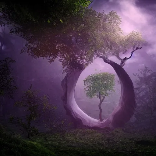 Image similar to ominous, portal to another dimension embedded in a beautiful tree in a densely overgrown jungle, fantasy, dreamlike sunrise volumetric lighting, ultra realistic, atmospheric, stopped in time, epic