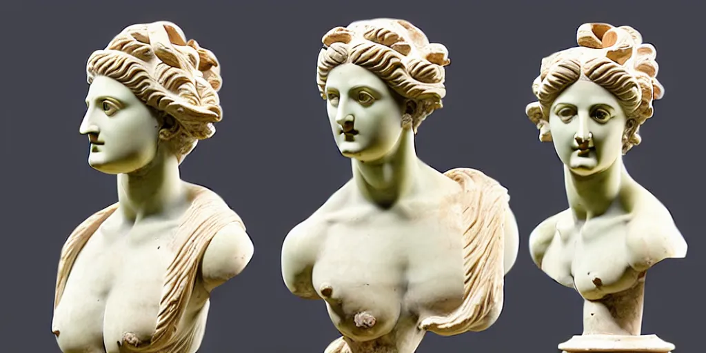 Prompt: ancienr greek sculpture, bust, multiple poses, flawless beauty, young woman as medusa