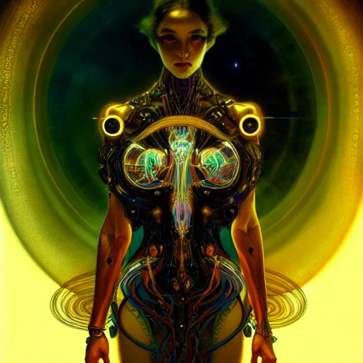 Image similar to extremely psychedelic beautiful cyborg god infected by night. intricate, elegant, highly detailed, extremely lifelike photorealistic digital painting, artstation. steichen, gaston bussiere, tom bagshaw, cyberpunk alphonse mucha. elegant minimalism. anatomically correct. sharp focus. black and gold. surreal lush cosmic hallucination