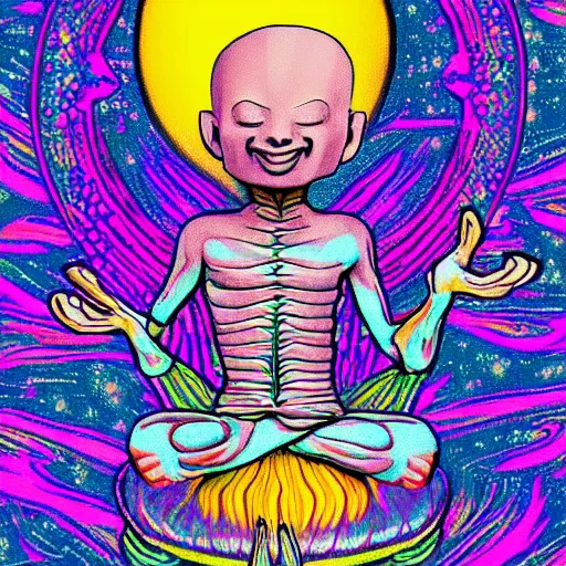 Prompt: a psychedelic hippy alien smiling and meditating, floating in space