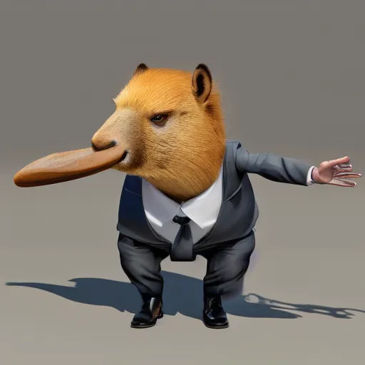 Image similar to a high quality photo of an antropomorphic capybara wearing a suit, 3d scene, render, ultra realistic, artstation, cgsociety