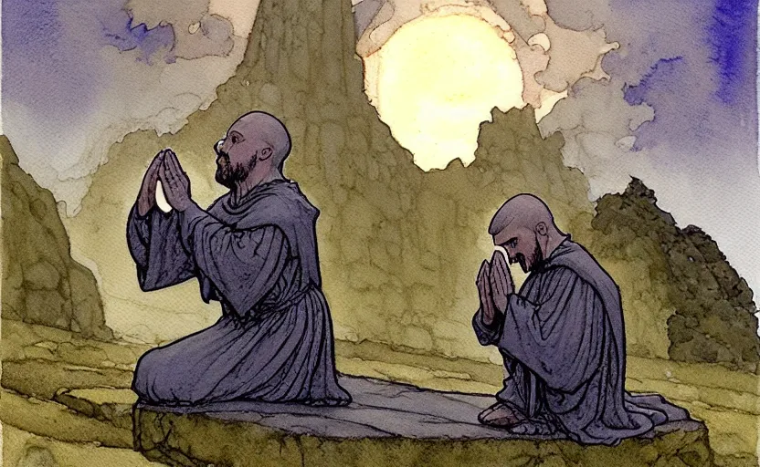 Prompt: a hyperrealist watercolour character concept art portrait of one small grey medieval monk kneeling in prayer. a giant flat rock floats in the air above him. it is a misty night. by rebecca guay, michael kaluta, charles vess and jean moebius giraud