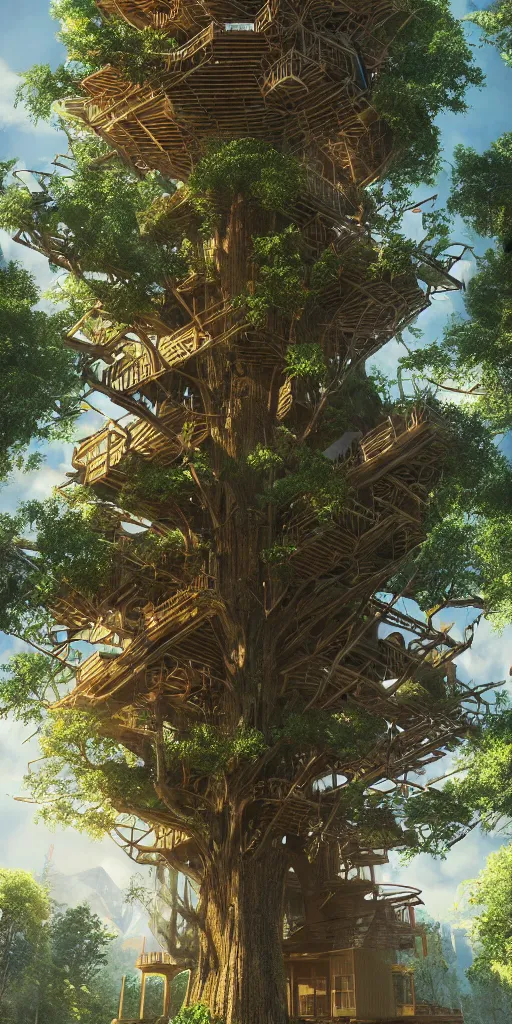 Image similar to ultra realistic and intricate detailed photograph of giant holy tech treehouse, innovation, bright modern style, artstation, unreal render, depth of field, ambient lighting, award winning, stunning