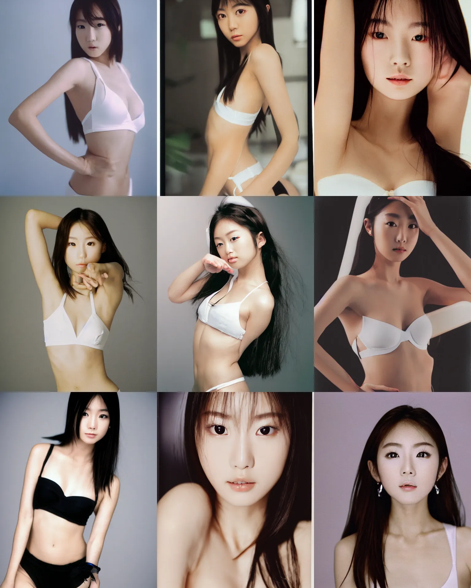 Prompt: Worksafe. 2000s, 8K HD professional studio photo very close-up face of a young beautiful gorgeous cute Japanese actress supermodel J-Pop idol girl posing at white marble room, wearing bikini bra. At Behance and Instagram, taken with polaroid kodak portra. Photoshop, Adobe Lightroom, After Effects