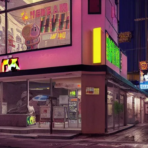 Image similar to Cyberpunk street corner at night with a McDonald\'s restaurant