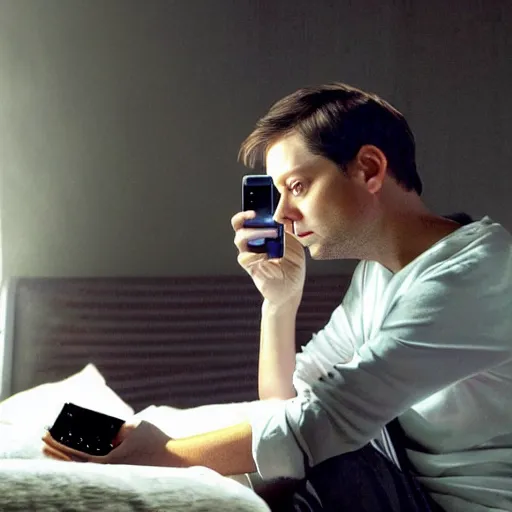 Image similar to tobey maguire texting on his phone inside of his bedroom during a rainy night, cinematic lighting, photorealistic, highly detailed,