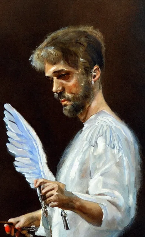 Image similar to painting artemov leonid, an opera singer in a white dress with wings on stage