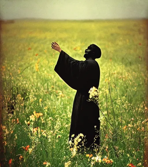 Prompt: mystical black death god standing in tall meadow of flowers, distant, vintage film photo, grainy, high detail, high resolution