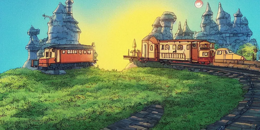 Image similar to a sunset railroad environment in the studio ghibli style, ghibli, my neighbor totoro, spirited away, castle in the sky