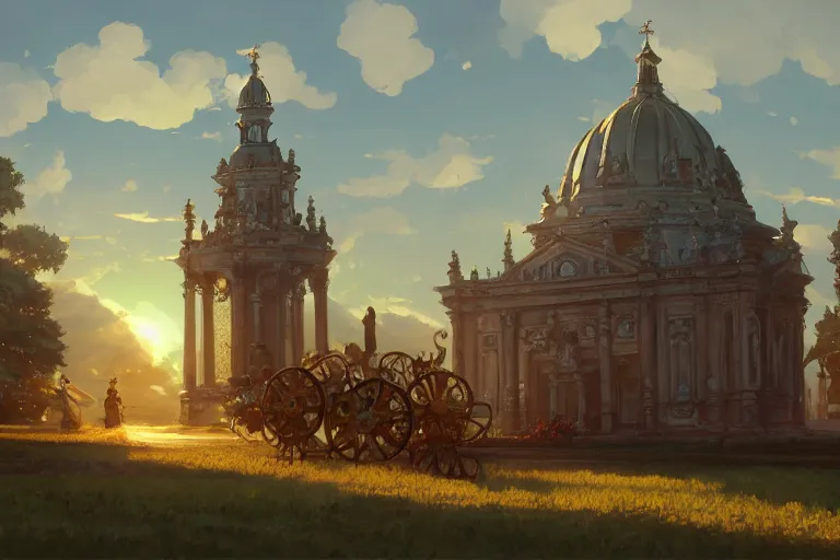 Image similar to a mobile driving ornate baroque church mounted on chainwheels, scene in an open field. key visual, conceptart, ambient lighting, highly detailed, digital painting, artstation, concept art, sharp focus, by makoto shinkai and akihiko yoshida and greg manchess