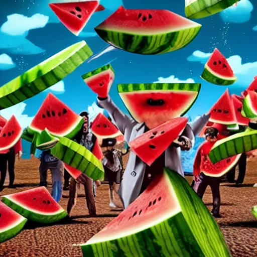 Prompt: a giant watermelon rampage town , movie scene