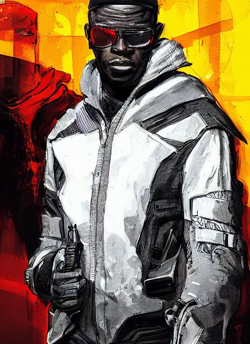 Prompt: portrait of african man warrior, techwear, cyberpunk, by rafael albuquerque
