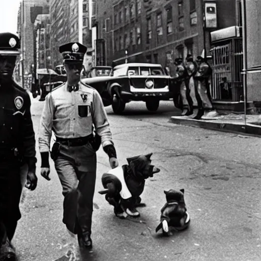 Image similar to paw patrol as cops in new york city, old historical photograph, 1 9 6 5, on the streets of harlem, artistic, gritty, heroic