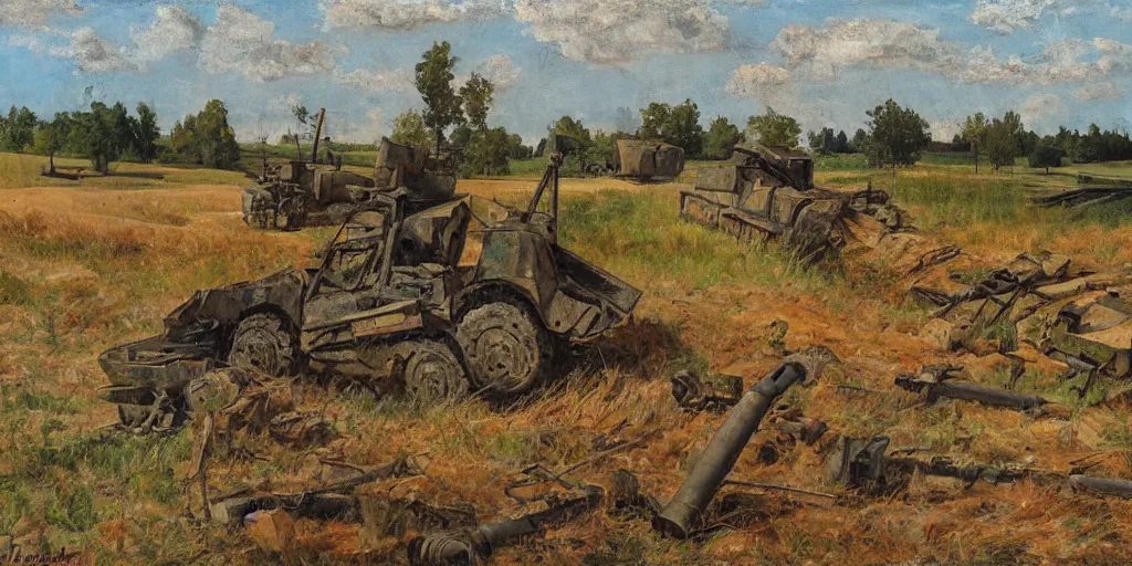 Image similar to landscape of the eastern front, summertime, abandoned equipment, shell holes, oil painting in the style of peredvizhniki