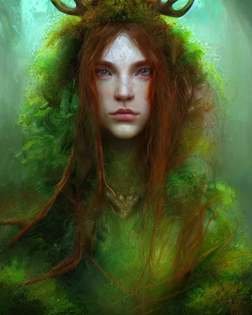 female druid, perfect face, thin antlers, green tunic, | Stable ...