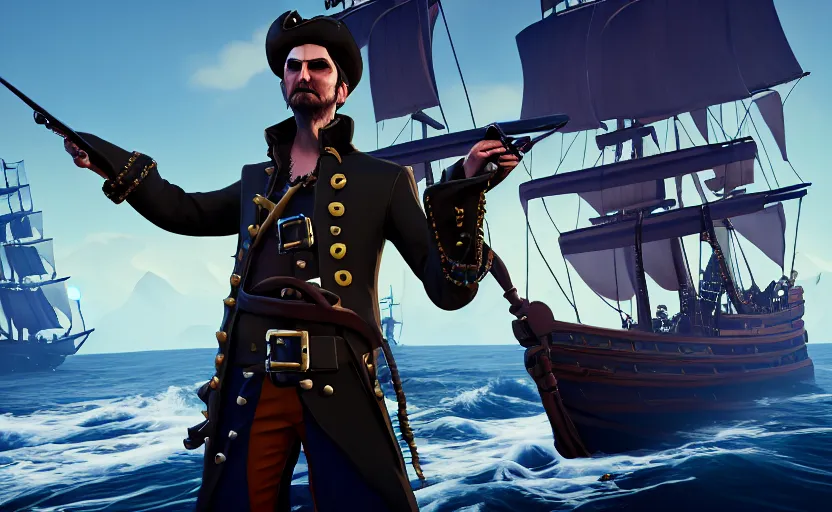 Image similar to david Tennant as a pirate on the ship in the Sea of thieves, long shot, epic composition, ultra detailed,, trending on Artstation, 8k, game screenshot, wallpaper, hyperrealistic