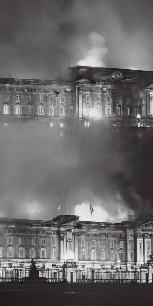 Image similar to the fall of the united kingdom, buckingham palace on fire at midnight