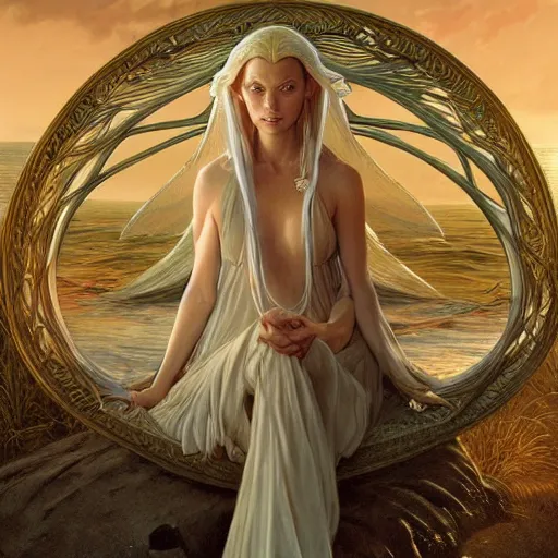 Prompt: painting of galadriel relaxing on the beach, lord of the rings, ultra realistic, concept art, intricate details, eerie, highly detailed, photorealistic, octane render, 8 k, unreal engine. art by artgerm and greg rutkowski and alphonse mucha