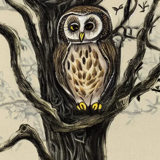 Image similar to owl with transverse flute sitting on a tree, concept art