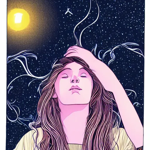 Prompt: Performance art. A beautiful illustration of a young girl with long flowing hair, looking up at the stars. She appears to be dreaming or lost in thought. by Brian K. Vaughan