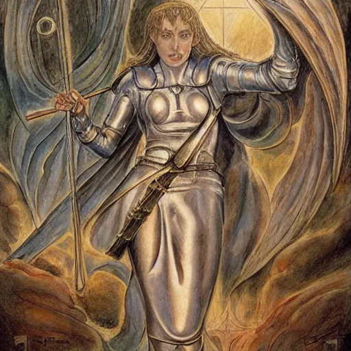 Prompt: jeanne d'arc in the style of william blake, terese nielsen, detailed, intricate, beautiful faces, steve argyle, pastoral fantastic reality
